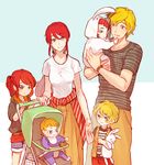  3girls baby bib blonde_hair blue_eyes carrying child child_carry chuu couple family green_eyes half_updo if_they_mated jaune_arc long_hair looking_at_another multiple_boys multiple_girls onesie open_clothes open_vest ponytail pyrrha_nikos red_hair rwby shirt shorts smile striped striped_shirt stroller stuffed_animal stuffed_bunny stuffed_toy sweatdrop t-shirt vest what_if white_shirt 