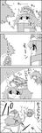  &gt;_&lt; 4koma bow cirno closed_eyes comic commentary_request flying frog greyscale hair_bow hat high_five highres ice ice_wings letty_whiterock lily_white monochrome multiple_girls on_head person_on_head scarf short_hair sidelocks smile tani_takeshi touhou translation_request wings yukkuri_shiteitte_ne 