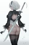  ass back back_cutout black_hairband blindfold boots feather-trimmed_sleeves from_behind gloves hairband highres katana leotard long_sleeves nier_(series) nier_automata no_pants solo sword thigh_boots thighhighs thighhighs_under_boots thong_leotard weapon white_background white_hair white_leotard yohan1754 yorha_no._2_type_b 