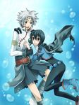  1boy 1girl arm_grab belt black_hair blue_background blush bodysuit breasts brown_eyes cape chloe_valens gloves grey_eyes grey_hair jacket open_mouth senel_coolidge shoes short_hair shorts tales_of_(series) tales_of_legendia tattoo water 