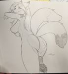  anthro breasts butt canine female fox inktiger looking_at_viewer mammal monochrome nipples nude sketch smile solo traditional_media_(artwork) 