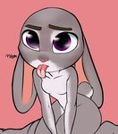  2017 anthro breasts disney featureless_breasts female fur judy_hopps lagomorph licking mammal mimicp nude rabbit simple_background solo text tongue tongue_out zootopia 