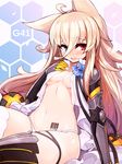  ahoge animal_ears armor bangs barcode_tattoo black_gloves black_legwear blonde_hair blue_eyes blush breasts character_name crop_top elbow_gloves eyebrows_visible_through_hair fang fox_ears g41_(girls_frontline) girls_frontline gloves hair_between_eyes hand_on_own_chest heterochromia hexagon highres hips long_hair looking_at_viewer mismatched_legwear mou_tama_maru navel open_clothes open_mouth open_shirt panties red_eyes shirt sitting small_breasts smile solo tattoo thighhighs thighs underwear white_legwear white_panties 