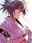 1girl bra breasts brown_eyes detached_sleeves japanese_clothes long_hair ponytail purple_hair ribbon sheena_fujibayashi smile tales_of_(series) tales_of_symphonia 