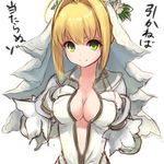  1girl blonde_hair bodysuit breasts cleavage fate/extra fate/extra_ccc fate/grand_order fate_(series) flower gloves green_eyes saber_bride saber_extra short_hair smile veil 