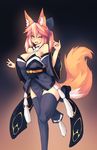  absurdres animal_ear_fluff animal_ears bare_shoulders breasts cleavage detached_sleeves fate/extra fate_(series) fox_ears fox_tail highres large_breasts leg_up legs long_hair looking_at_viewer one_eye_closed red_hair solo sub-res tail tamamo_(fate)_(all) tamamo_no_mae_(fate) thighhighs thighs yellow_eyes 