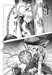  absurdres braid broom broom_riding chain charging_(attack) comic doujinshi frills greyscale hat hidden_eyes highres kirisame_marisa long_hair mini-hakkero monochrome non-web_source open_mouth side_braid sound_effects touhou witch_hat zounose 