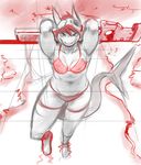  anthro breasts clothed clothing eyewear female fish goggles hair looking_at_viewer marine nipple_bulge railgun ranged_weapon shark shnider sketch smile solo weapon 