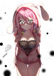  absurdres ahoge animal_hood ass_visible_through_thighs bad_id bad_pixiv_id bangs blurry blush breasts bunny_hood camisole character_request cleavage closed_mouth collarbone cowboy_shot depth_of_field eyebrows_visible_through_hair glasses green_eyes hair_between_eyes hands_on_headwear hands_up highres hood hood_up hoodie jacket lace large_breasts leaning_forward light long_hair long_sleeves looking_at_viewer low-tied_long_hair no_pants original panties pink_hair pink_jacket pocket popuru red-framed_eyewear shade shiny shiny_skin signature smile solo standing taut_clothes thigh_gap underwear unzipped very_long_hair white_background white_panties zipper 