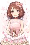  bare_shoulders bow brown_eyes brown_hair commentary_request dress flower hairband idolmaster idolmaster_cinderella_girls komoe_(hinagatu) microphone nagatomi_hasumi open_mouth short_hair smile solo 