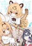  :d animal_ears blonde_hair d: flying_sweatdrops hand_on_own_cheek jaguar_(kemono_friends) jaguar_ears jaguar_tail kaban_(kemono_friends) kemono_friends looking_at_viewer microphone multiple_girls open_mouth serval_(kemono_friends) serval_ears short_hair smile tail takahashi_tetsuya 