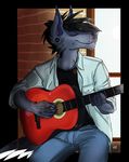  anthro canine clothed clothing fur guitar hair male mammal mishabahl musical_instrument sitting smile solo 
