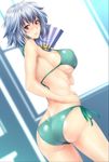  ahoge ass bikini blue_hair blush breasts fan infinite_stratos large_breasts looking_at_viewer red_eyes sarashiki_tatenashi shiny shiny_skin short_hair side-tie_bikini solo standing swimsuit zucchini 