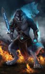  5_fingers anthro black_lips black_nose canine detailed_background digitigrade fire fur grass grey_fur holding_object holding_weapon looking_at_viewer mammal smile solo standing weapon wolf wolnir 