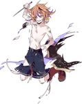  belt boots brown_eyes brown_hair cross-laced_footwear gotou_toushirou injury jumping kiwame_(touken_ranbu) lace-up_boots male_focus multicolored_hair official_art open_mouth shikimi_(yurakuru) shirtless shorts streaked_hair sword tantou torn_clothes torn_shorts touken_ranbu transparent_background weapon 