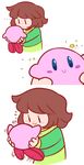  ambiguous_gender blue_eyes blush brown_hair chara_(undertale) crossover hair human kirby kirby_(series) male mammal nintendo smile undertale unknown_artist video_games 