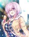  :d black-framed_eyewear blush breasts cleavage crepe eyebrows_visible_through_hair fate/grand_order fate_(series) food glasses hair_over_one_eye highres large_breasts looking_at_viewer mash_kyrielight open_mouth pink_hair purple_eyes short_hair smile solo suzune_rena upper_body 