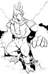  animal_humanoid avian avian_humanoid beak black_and_white bottomless breath_of_the_wild clothed clothing front_view humanoid kass_(zelda) line_art looking_away monochrome muscular nintendo partially_submerged rick_griffin rito scarf standing step_pose the_legend_of_zelda video_games winged_arms wings 