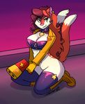  2017 anthro big_breasts boots bottomless breasts carmelita_fox cleavage clothed clothing collar combatraccoon cosplay ear_piercing english_text feline female footwear fur green_eyes gun hair legwear lilith_(azria) long_hair looking_at_viewer mammal mole_(marking) multi_tail navel piercing purple_background pussy raised_tail ranged_weapon red_fur red_hair signature simple_background sly_cooper_(series) smile solo stripes tan_fur text video_games weapon 