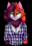  2017 anthro big_breasts black_background breasts cleavage clothed clothing english_text feline female fur green_eyes hair lilith_(azria) long_hair looking_at_viewer mammal oakydeer pink_nose red_hair shirt signature simple_background slit_pupils solo text tuft whiskers white_fur 