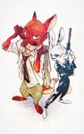  2017 anthro barefoot canine clothed clothing disney duo eyewear fox gun handgun holding_object holding_weapon jack_savage lagomorph looking_at_viewer male mammal monoflax necktie nick_wilde pistol rabbit ranged_weapon simple_background standing suit sunglasses weapon white_background zootopia 
