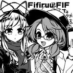  alternate_costume artist_name bangs blush bolo_tie bow cellphone circle_cut coat collared_shirt commentary_request contemporary eyebrows_visible_through_hair fedora fifiruu glasses greyscale hair_bow hair_tie hat hat_bow hat_ribbon long_sleeves low_twintails mob_cap monochrome multiple_girls open_mouth parted_lips phone plaid plaid_vest ribbon scarf self_shot semi-rimless_eyewear shirt sidelocks smile touhou twintails under-rim_eyewear upper_body usami_sumireko vest yakumo_yukari 