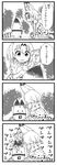  4koma afterimage animal_ears bare_shoulders check_translation comic elbow_gloves eyebrows_visible_through_hair gloves greyscale highres kemono_friends knocking lucky_beast_(kemono_friends) monochrome motion_lines panzuban serval_(kemono_friends) serval_ears serval_print serval_tail short_hair sitting speech_bubble sweatdrop tail translation_request wariza 