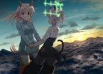  animal_ears bangs black_legwear blue_eyes blue_jacket blush cat_ears cat_tail closed_mouth cloud cloudy_sky eila_ilmatar_juutilainen flying fox_ears fox_tail glastonbury1966 hirschgeweih_antennas holding_hands jacket light_smile long_hair long_sleeves looking_at_another military military_uniform multiple_girls pantyhose purple_eyes sanya_v_litvyak short_hair silver_hair sky smile strike_witches striker_unit sunset tail uniform white_hair white_legwear world_witches_series 