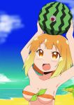  1girl areola_slip areolae armpits beach bikini blush breasts brown_eyes cloud endro! eyebrows_visible_through_hair fai_fai food food_on_head fruit gobanme_no_mayoi_neko holding holding_food holding_fruit looking_up medium_breasts medium_hair multicolored_hair object_on_head ocean open_mouth orange_hair outdoors sky smile solo standing strapless strapless_bikini swimsuit upper_body water watermelon 