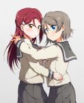  2girls absurdres blue_eyes blush grey_background grey_hair grey_skirt hair_ornament hairclip half_updo highres hug long_hair long_sleeves looking_at_viewer love_live! love_live!_sunshine!! multiple_girls pleated_skirt red_hair sakurauchi_riko school_uniform serafuku short_hair simple_background skirt smile uranus v watanabe_you yellow_eyes yuchi_(salmon-1000) yuri 