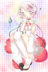  1girl asymmetrical_legwear bad_id bad_pixiv_id cherry covering_mouth crystal food fruit gloves guoqingxin_tuosutang magical_girl mahou_shoujo_ikusei_keikaku mahou_shoujo_ikusei_keikaku_jokers mirror prism_cherry see-through short_hair silver_hair sitting solo symbol-shaped_pupils 