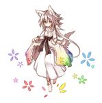  animal_ears ankle_bell ankle_ribbon anklet barefoot dress dress_lift floral_print frilled_dress frills gradient_clothes highres jewelry kazana_(sakuto) long_hair original ribbon saku_(kazana) simple_background solo tail white_background white_hair wolf_ears wolf_tail yellow_eyes 