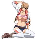  1girl areolae arm_up belt blonde_hair blush boots breasts collarbone earrings feet full_body green_eyes gundam gundam_tekketsu_no_orphans highres jacket lafter_frankland large_breasts legs long_hair long_sleeves looking_at_viewer navel nipples no_bra parted_lips rindou_akira shirt_lift short_shorts shorts simple_background sitting smile solo thighhighs thighs twintails white_background zettai_ryouiki 