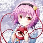  ahoge blue_shirt frilled_shirt_collar frills hairband heart komeiji_satori long_sleeves oubou pink_hair red_eyes shirt short_hair smile solo third_eye touhou 