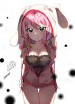  absurdres ahoge animal_hood ass_visible_through_thighs bad_id bad_pixiv_id bangs blurry blush breasts bunny_hood camisole character_request cleavage closed_mouth collarbone cowboy_shot depth_of_field eyebrows_visible_through_hair green_eyes hair_between_eyes hands_on_headwear hands_up highres hood hood_up hoodie jacket lace large_breasts leaning_forward light long_hair long_sleeves looking_at_viewer low-tied_long_hair no_pants original panties pink_hair pink_jacket pocket popuru shade shiny shiny_skin signature smile solo standing taut_clothes thigh_gap underwear unzipped very_long_hair white_background white_panties zipper 