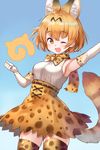  ;d animal_ears arm_up armpits bare_shoulders blonde_hair blush bow bowtie elbow_gloves extra_ears fang gloves japari_symbol kemono_friends looking_at_viewer nishizawa one_eye_closed open_mouth serval_(kemono_friends) serval_ears serval_print serval_tail shirt short_hair skirt sleeveless smile solo tail 