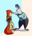  2017 against_wall anthro bluedouble canine clothed clothing disney duo eye_contact female fox hand_on_hip hand_on_wall judy_hopps lagomorph leaning male mammal nick_wilde rabbit zootopia 
