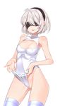  artist_name ass_visible_through_thighs bad_id bad_pixiv_id bangs black_legwear blindfold breasts character_name cleavage_cutout clothes_writing covered_navel covered_nipples goyain hairband highres medium_breasts mole mole_under_mouth name_tag nier_(series) nier_automata one-piece_swimsuit school_swimsuit self_wedgie solo swimsuit thighhighs tongue tongue_out white_background white_hair white_swimsuit yorha_no._2_type_b 