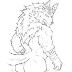  anubis blush butt canine deity male mammal monochrome muscular nude rear_view simple_background solo urakata5x white_background 