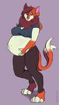  2017 anthro barefoot belly big_belly breasts clothed clothing english_text feline female fur green_eyes hair half-closed_eyes hand_on_stomach horsefever lilith_(azria) long_hair looking_at_viewer mammal navel pants pregnant purple_background red_fur red_hair shirt signature simple_background solo tan_fur text 