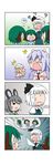  &gt;_&lt; /\/\/\ 0_0 4koma 5girls ? absurdres animal_ears bandages blonde_hair blue_hair blush_stickers clone closed_eyes comic crossed_bandaids gradient gradient_background green_hair hair_ribbon head_bump highres jitome juliet_sleeves kasodani_kyouko konpaku_youmu konpaku_youmu_(ghost) lily_white long_sleeves merlin_prismriver mouse_ears multiple_girls nazrin o_o puffy_sleeves rakugaki-biyori ribbon silent_comic spoken_ellipsis spoken_person surprised sweatdrop sword tears touhou weapon white_hair x_x 