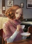  absurdres bangs brown_eyes brown_hair chair cup highres namako_mikan okumura_haru parted_bangs persona persona_5 picture_frame ribbed_sweater saucer short_hair sitting solo sweater table teacup upper_body 