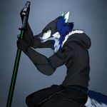  5_fingers angiewolf blue_fur braided_hair clothed clothing fur hair holding_object holding_weapon kneeling melee_weapon sergal simple_background solo standing sword weapon white_fur 