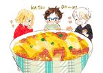  =_= black_hair blonde_hair blue-framed_eyewear blush_stickers bowl brown_eyes drooling glasses green_eyes hair_over_one_eye heart katsudon_(food) katsuki_yuuri male_focus miniboy multiple_boys nozimami open_mouth silver_hair smile sparkle viktor_nikiforov yuri!!!_on_ice yuri_plisetsky 