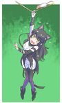  animal_ears black_hair blake_belladonna cat_ears cat_girl commentary fang gambol_shroud green_background hanging_on iesupa long_hair mouse navel pantyhose parody rope rwby solo weapon yellow_eyes 