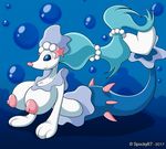  2017 anthro big_breasts blue_eyes blue_hair breasts female feral hair huge_breasts long_hair mammal marine nintendo nipples nude pink_nose pinniped pok&eacute;mon primarina simple_background smile solo spocky87 video_games white_skin 