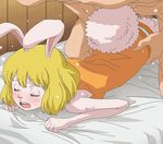  1boy 1girl aliasing bangs bare_arms bare_shoulders bed_sheet blonde_hair bunny_ears bunny_girl bunny_tail carrot_(one_piece) censored clothed_female_nude_male eyes_closed hetero lying mosaic_censoring on_bed on_stomach one_piece open_mouth penis sex sheet_grab sleeveless tail teeth tomu_(tomubobu) 
