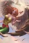  artist_name bird bodysuit breasts chuby_mi cleavage cloud curly_hair dc_comics feathered_wings flying green_eyes hawkgirl highres justice_league large_breasts long_hair orange_hair realistic sky solo watermark web_address wings 