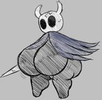  big_breasts big_butt breasts butt cloak clothing empty_eyes female grey_background hollow_knight huge_breasts huge_butt kurohachuurui melee_weapon protagonist_(hollow_knight) simple_background solo weapon 