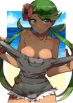  areolae bare_shoulders beach breasts dark_skin day flower green_eyes green_hair hair_flower hair_ornament long_hair mao_(pokemon) medium_breasts nail_polish ocean pokemon pokemon_(game) pokemon_sm solo spats_sansei twintails 